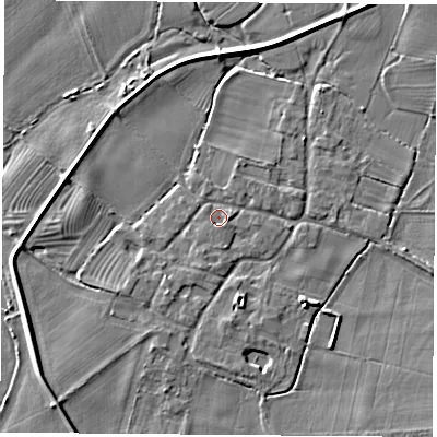 Shaded relief map of the ground around NG110AD, computed from Environment Agency LiDAR. The ground here sits at about 27 m above sea level and falls 4 m across the surrounding 800 m. Surface water reaching this point runs off ground lying to the east, 1.1 m higher.