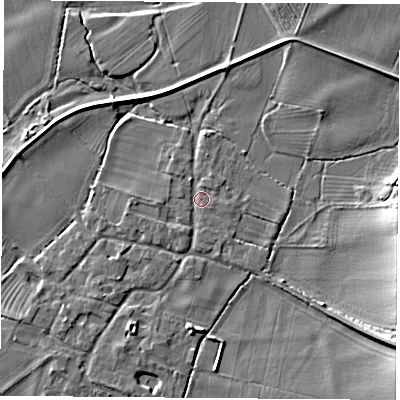 Shaded relief map of the ground around NG110AE, computed from Environment Agency LiDAR. The ground here sits at about 27 m above sea level and falls 9 m across the surrounding 800 m. Surface water reaching this point runs off ground lying to the north-north-west, 1.2 m higher.
