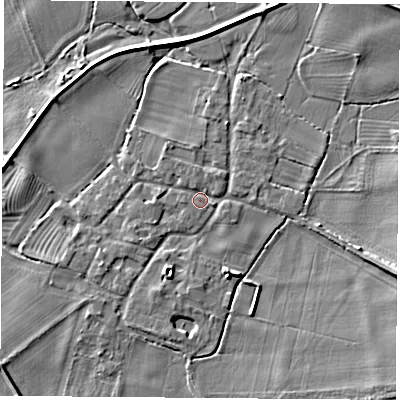 Shaded relief map of the ground around NG110AF, computed from Environment Agency LiDAR. The ground here sits at about 27 m above sea level and falls 6 m across the surrounding 800 m. Surface water reaching this point runs off ground lying to the east-south-east, 4.8 m higher.