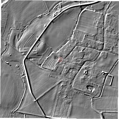 Shaded relief map of the ground around NG110AG, computed from Environment Agency LiDAR. The ground here sits at about 28 m above sea level and falls 4 m across the surrounding 800 m. Surface water reaching this point runs off ground lying to the east-south-east, 1.9 m higher.