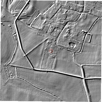 Shaded relief map of the ground around NG110AJ, computed from Environment Agency LiDAR. The ground here sits at about 28 m above sea level and falls 3 m across the surrounding 800 m. Surface water reaching this point runs off ground lying to the north-north-west, 0.9 m higher.