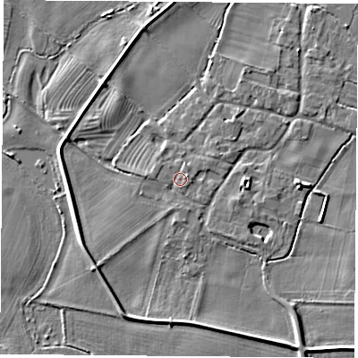 Shaded relief map of the ground around NG110AL, computed from Environment Agency LiDAR. The ground here sits at about 28 m above sea level and falls 4 m across the surrounding 800 m. Surface water reaching this point runs off ground lying to the east-north-east, 1.1 m higher.