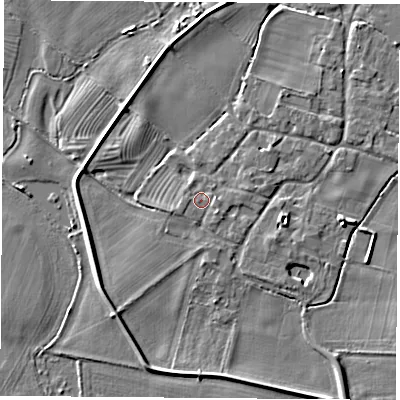 Shaded relief map of the ground around NG110AN, computed from Environment Agency LiDAR. The ground here sits at about 28 m above sea level and falls 4 m across the surrounding 800 m. Surface water reaching this point runs off ground lying to the east, 1.0 m higher.