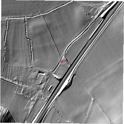 Shaded relief map of the ground around NG110AU, computed from Environment Agency LiDAR. The ground here sits at about 32 m above sea level and falls 25 m across the surrounding 800 m. Surface water reaching this point runs off ground lying to the south, 6.7 m higher.
