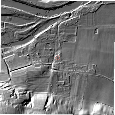 Shaded relief map of the ground around NG110AX, computed from Environment Agency LiDAR. The ground here sits at about 31 m above sea level and falls 52 m across the surrounding 800 m. Surface water reaching this point runs off ground lying to the south-west, 45.1 m higher.