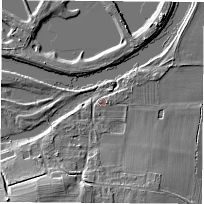 Shaded relief map of the ground around NG110AZ, computed from Environment Agency LiDAR. The ground here sits at about 29 m above sea level and falls 17 m across the surrounding 800 m. Surface water reaching this point runs off ground lying to the east, 2.1 m higher.