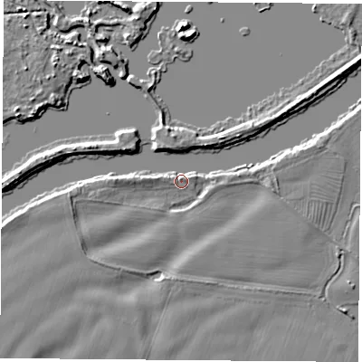 Shaded relief map of the ground around NG110BL, computed from Environment Agency LiDAR. The ground here sits at about 27 m above sea level and falls 5 m across the surrounding 800 m. Surface water reaching this point runs off ground lying to the north-east, 3.4 m higher.