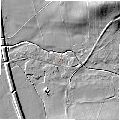 Shaded relief map of the ground around NG110DA, computed from Environment Agency LiDAR. The ground here sits at about 33 m above sea level and falls 19 m across the surrounding 800 m. The ground contributing surface water to this point lies to the west-north-west.