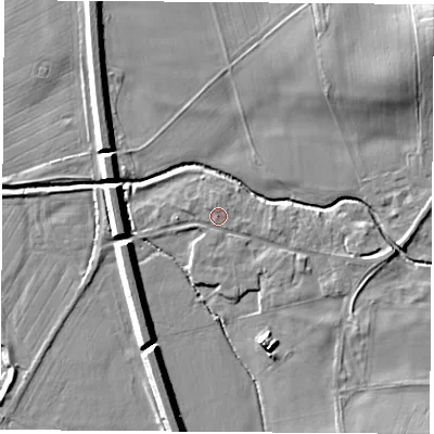 Shaded relief map of the ground around NG110DB, computed from Environment Agency LiDAR. The ground here sits at about 33 m above sea level and falls 14 m across the surrounding 800 m. Surface water reaching this point runs off ground lying to the east-south-east, 1.7 m higher.