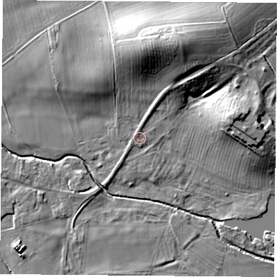 Shaded relief map of the ground around NG110DE, computed from Environment Agency LiDAR. The ground here sits at about 33 m above sea level and falls 19 m across the surrounding 800 m. Surface water reaching this point runs off ground lying to the north-north-east, 15.5 m higher.