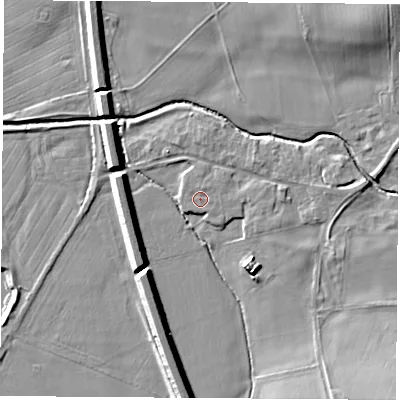 Shaded relief map of the ground around NG110DQ, computed from Environment Agency LiDAR. The ground here sits at about 33 m above sea level and falls 10 m across the surrounding 800 m. Surface water reaching this point runs off ground lying to the north-north-east, 0.6 m higher.
