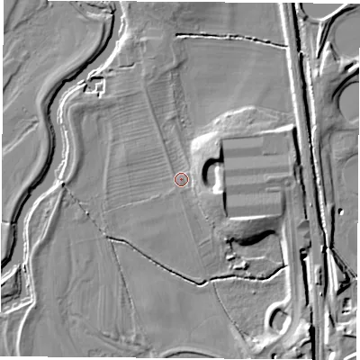Shaded relief map of the ground around NG110EB, computed from Environment Agency LiDAR. The ground here sits at about 31 m above sea level and falls 11 m across the surrounding 800 m. Surface water reaching this point runs off ground lying to the east-north-east, 5.9 m higher.