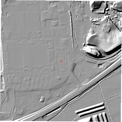 Shaded relief map of the ground around NG110EE, computed from Environment Agency LiDAR. The ground here sits at about 33 m above sea level and falls 17 m across the surrounding 800 m. The ground contributing surface water to this point lies to the west-north-west.