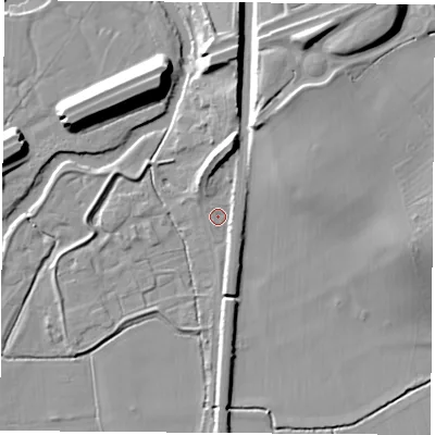 Shaded relief map of the ground around NG110EF, computed from Environment Agency LiDAR. The ground here sits at about 31 m above sea level and falls 17 m across the surrounding 800 m. Surface water reaching this point runs off ground lying to the north-north-east, 7.6 m higher.