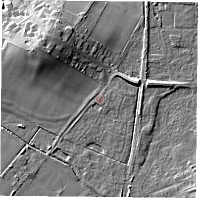 Shaded relief map of the ground around NG116AE, computed from Environment Agency LiDAR. The ground here sits at about 31 m above sea level and falls 14 m across the surrounding 800 m. Surface water reaching this point runs off ground lying to the east, 0.7 m higher.