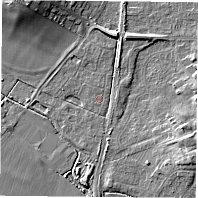 Shaded relief map of the ground around NG116AH, computed from Environment Agency LiDAR. The ground here sits at about 31 m above sea level and falls 12 m across the surrounding 800 m. Surface water reaching this point runs off ground lying to the south-east, 7.9 m higher.