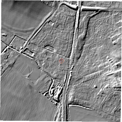 Shaded relief map of the ground around NG116AJ, computed from Environment Agency LiDAR. The ground here sits at about 31 m above sea level and falls 10 m across the surrounding 800 m. The ground contributing surface water to this point lies to the south-south-east.