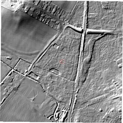 Shaded relief map of the ground around NG116AL, computed from Environment Agency LiDAR. The ground here sits at about 31 m above sea level and falls 13 m across the surrounding 800 m. Surface water reaching this point runs off ground lying to the north-west, 11.5 m higher.
