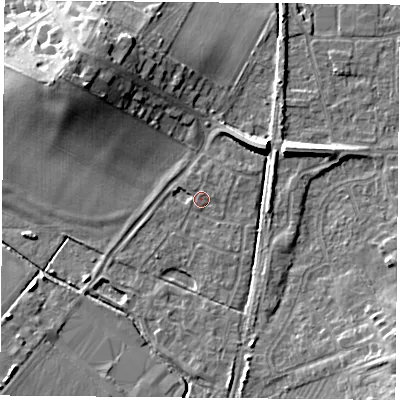 Shaded relief map of the ground around NG116AQ, computed from Environment Agency LiDAR. The ground here sits at about 31 m above sea level and falls 13 m across the surrounding 800 m. Surface water reaching this point runs off ground lying to the north, 1.4 m higher.