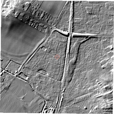 Shaded relief map of the ground around NG116AX, computed from Environment Agency LiDAR. The ground here sits at about 31 m above sea level and falls 12 m across the surrounding 800 m. Surface water reaching this point runs off ground lying to the north-west, 11.5 m higher.