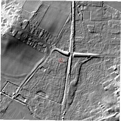 Shaded relief map of the ground around NG116AZ, computed from Environment Agency LiDAR. The ground here sits at about 31 m above sea level and falls 12 m across the surrounding 800 m. Surface water reaching this point runs off ground lying to the south, 2.1 m higher.
