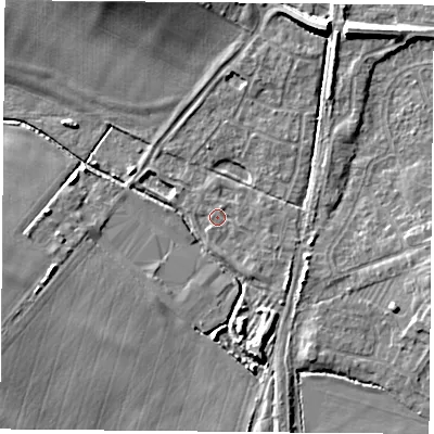 Shaded relief map of the ground around NG116BA, computed from Environment Agency LiDAR. The ground here sits at about 31 m above sea level and falls 9 m across the surrounding 800 m. Surface water reaching this point runs off ground lying to the south-east, 1.2 m higher.