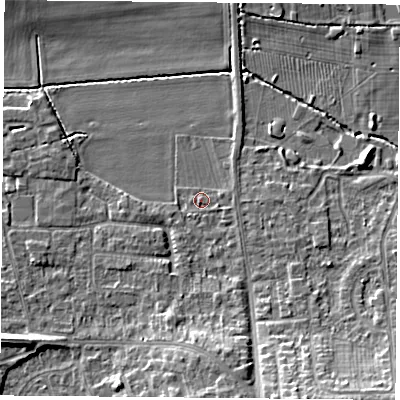 Shaded relief map of the ground around NG116BG, computed from Environment Agency LiDAR. The ground here sits at about 30 m above sea level and falls 9 m across the surrounding 800 m. Surface water reaching this point runs off ground lying to the south-south-east, 8.4 m higher.