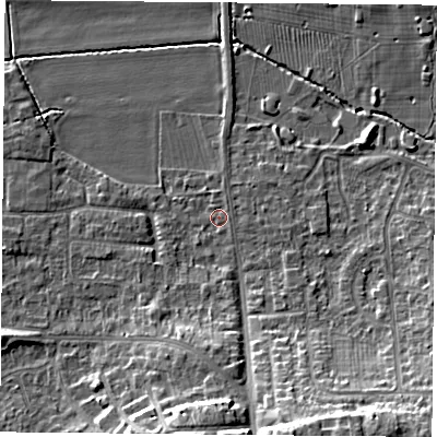 Shaded relief map of the ground around NG116BH, computed from Environment Agency LiDAR. The ground here sits at about 30 m above sea level and falls 12 m across the surrounding 800 m. Surface water reaching this point runs off ground lying to the south-south-east, 10.6 m higher.