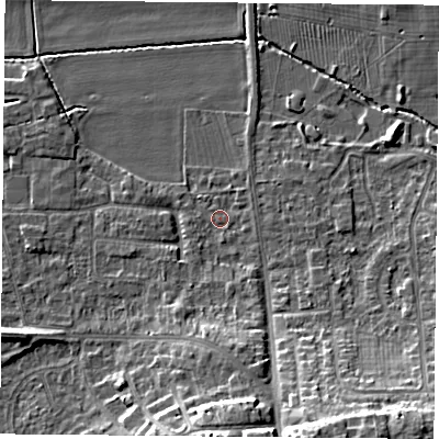 Shaded relief map of the ground around NG116BJ, computed from Environment Agency LiDAR. The ground here sits at about 30 m above sea level and falls 13 m across the surrounding 800 m. Surface water reaching this point runs off ground lying to the south-south-east, 10.9 m higher.