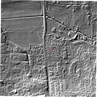 Shaded relief map of the ground around NG116FB, computed from Environment Agency LiDAR. The ground here sits at about 31 m above sea level and falls 9 m across the surrounding 800 m. Surface water reaching this point runs off ground lying to the south-south-east, 7.7 m higher.