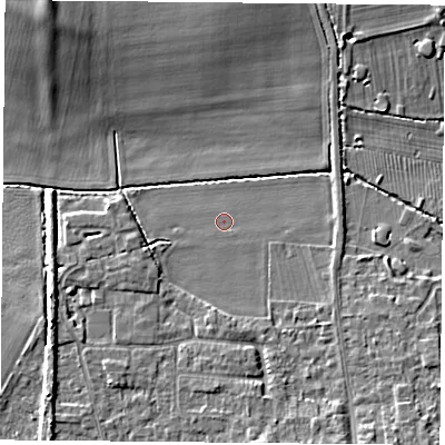 Shaded relief map of the ground around NG116FL, computed from Environment Agency LiDAR. The ground here sits at about 30 m above sea level and falls 9 m across the surrounding 800 m. The ground contributing surface water to this point lies to the east.