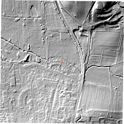 Shaded relief map of the ground around NG116GA, computed from Environment Agency LiDAR. The ground here sits at about 32 m above sea level and falls 31 m across the surrounding 800 m. Surface water reaching this point runs off ground lying to the south-south-east, 9.8 m higher.