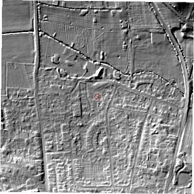 Shaded relief map of the ground around NG116GD, computed from Environment Agency LiDAR. The ground here sits at about 31 m above sea level and falls 16 m across the surrounding 800 m. Surface water reaching this point runs off ground lying to the south-east, 8.1 m higher.
