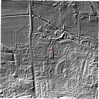 Shaded relief map of the ground around NG116GQ, computed from Environment Agency LiDAR. The ground here sits at about 31 m above sea level and falls 11 m across the surrounding 800 m. Surface water reaching this point runs off ground lying to the south-south-east, 0.9 m higher.