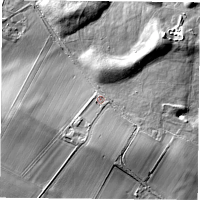 Shaded relief map of the ground around NG116JX, computed from Environment Agency LiDAR. The ground here sits at about 41 m above sea level and falls 13 m across the surrounding 800 m. Surface water reaching this point runs off ground lying to the south-south-east, 4.5 m higher.