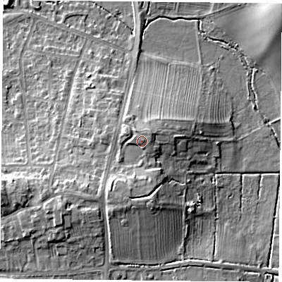 Shaded relief map of the ground around NG116LQ, computed from Environment Agency LiDAR. The ground here sits at about 40 m above sea level and falls 12 m across the surrounding 800 m. The ground contributing surface water to this point lies to the east-north-east.