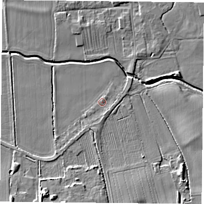 Shaded relief map of the ground around NG116QH, computed from Environment Agency LiDAR. The ground here sits at about 37 m above sea level and falls 11 m across the surrounding 800 m. Surface water reaching this point runs off ground lying to the south-south-east, 1.4 m higher.