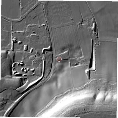 Shaded relief map of the ground around NG116QL, computed from Environment Agency LiDAR. The ground here sits at about 41 m above sea level and falls 58 m across the surrounding 800 m. Surface water reaching this point runs off ground lying to the south-south-east, 53.6 m higher.