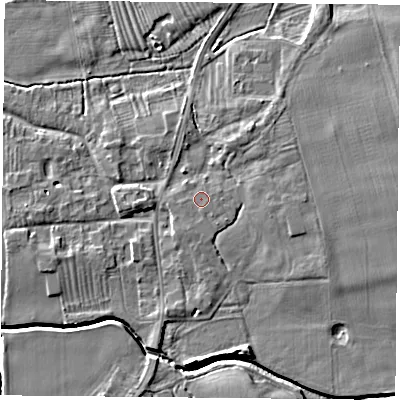 Shaded relief map of the ground around NG116QT, computed from Environment Agency LiDAR. The ground here sits at about 37 m above sea level and falls 7 m across the surrounding 800 m. Surface water reaching this point runs off ground lying to the south-south-west, 0.7 m higher.