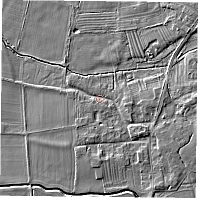 Shaded relief map of the ground around NG116QX, computed from Environment Agency LiDAR. The ground here sits at about 35 m above sea level and falls 6 m across the surrounding 800 m. Surface water reaching this point runs off ground lying to the south-east, 2.8 m higher.