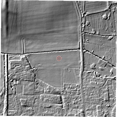 Shaded relief map of the ground around NG116RH, computed from Environment Agency LiDAR. The ground here sits at about 30 m above sea level and falls 8 m across the surrounding 800 m. Surface water reaching this point runs off ground lying to the east, 1.3 m higher.