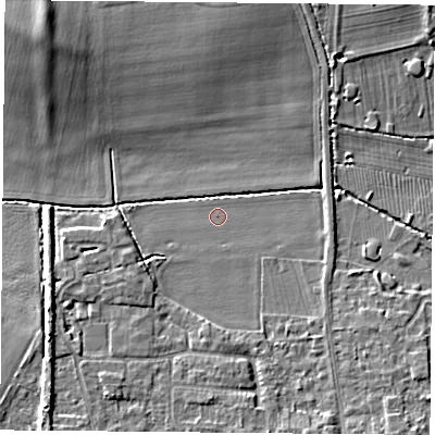 Shaded relief map of the ground around NG116RL, computed from Environment Agency LiDAR. The ground here sits at about 30 m above sea level and falls 9 m across the surrounding 800 m. Surface water reaching this point runs off ground lying to the east, 1.5 m higher.