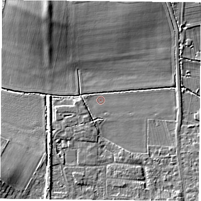 Shaded relief map of the ground around NG116RN, computed from Environment Agency LiDAR. The ground here sits at about 29 m above sea level and falls 9 m across the surrounding 800 m. Surface water reaching this point runs off ground lying to the east, 1.6 m higher.
