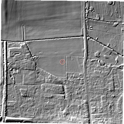 Shaded relief map of the ground around NG116RP, computed from Environment Agency LiDAR. The ground here sits at about 30 m above sea level and falls 9 m across the surrounding 800 m. Surface water reaching this point runs off ground lying to the east-north-east, 1.3 m higher.