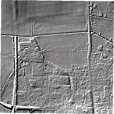 Shaded relief map of the ground around NG116RQ, computed from Environment Agency LiDAR. The ground here sits at about 30 m above sea level and falls 9 m across the surrounding 800 m. Surface water reaching this point runs off ground lying to the south-west, 7.7 m higher.