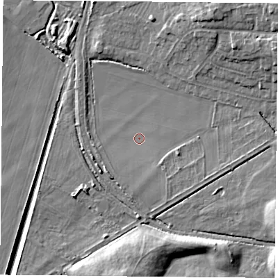 Shaded relief map of the ground around NG116RR, computed from Environment Agency LiDAR. The ground here sits at about 32 m above sea level and falls 12 m across the surrounding 800 m. Surface water reaching this point runs off ground lying to the south-south-east, 3.0 m higher.