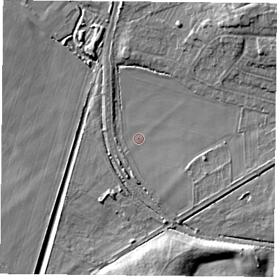 Shaded relief map of the ground around NG116RT, computed from Environment Agency LiDAR. The ground here sits at about 32 m above sea level and falls 11 m across the surrounding 800 m. Surface water reaching this point runs off ground lying to the south, 3.3 m higher.