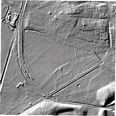 Shaded relief map of the ground around NG116RU, computed from Environment Agency LiDAR. The ground here sits at about 32 m above sea level and falls 11 m across the surrounding 800 m. Surface water reaching this point runs off ground lying to the south, 2.8 m higher.
