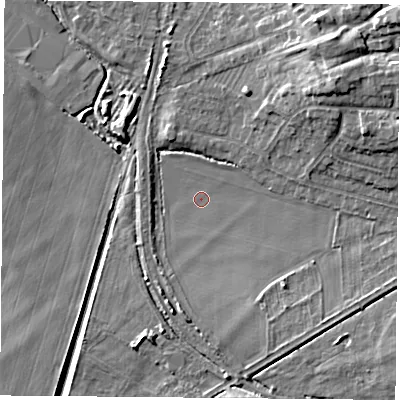 Shaded relief map of the ground around NG116RX, computed from Environment Agency LiDAR. The ground here sits at about 31 m above sea level and falls 9 m across the surrounding 800 m. Surface water reaching this point runs off ground lying to the east-north-east, 5.8 m higher.