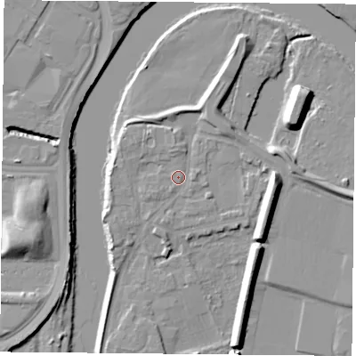 Shaded relief map of the ground around NG117AA, computed from Environment Agency LiDAR. The ground here sits at about 25 m above sea level and falls 11 m across the surrounding 800 m. Surface water reaching this point runs off ground lying to the south-west, 0.8 m higher.